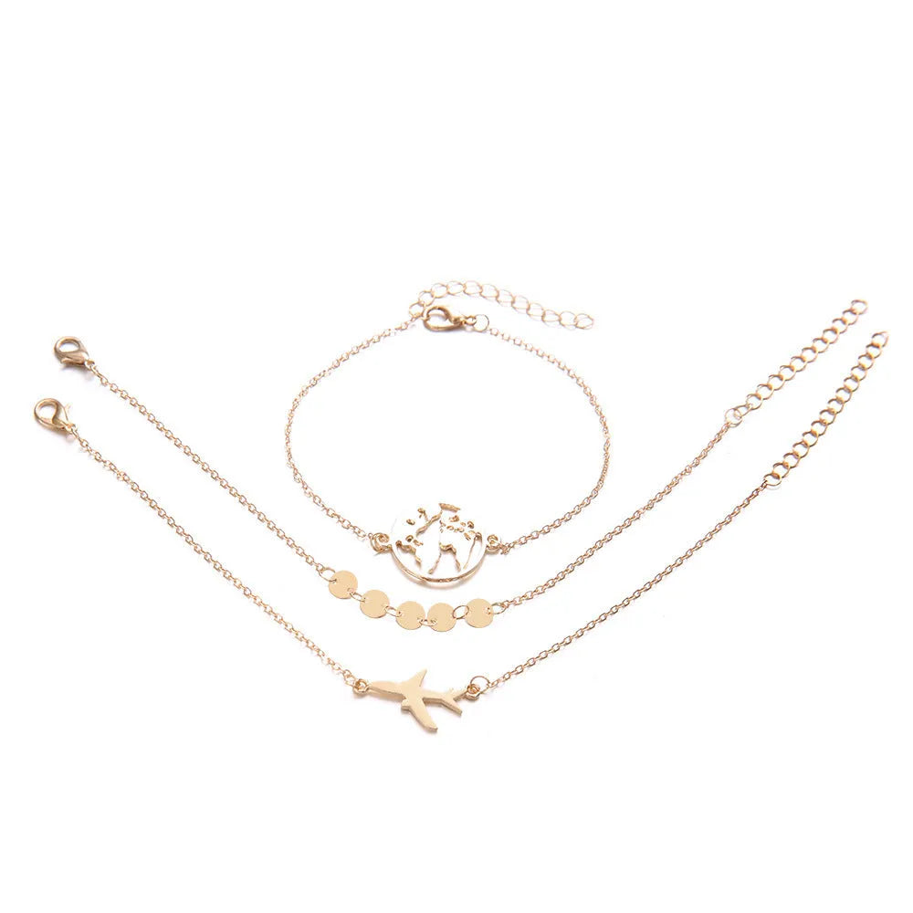 Three bohemian bracelets with alloy aircraft map heart charms in electroplated finish