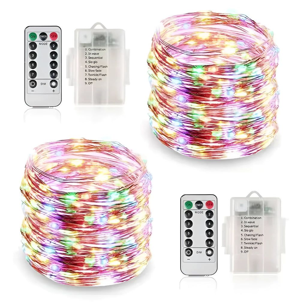 Copper wire string lights with battery box showing flexible wire with LED bulbs in various colour options