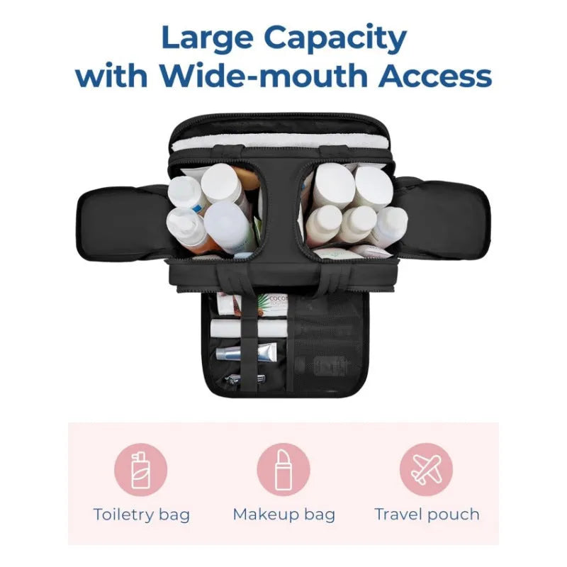 Large travel toiletry bag with wide opening showing interior organisation compartments