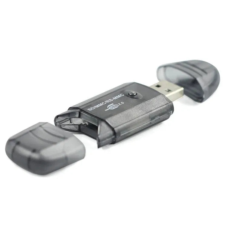 Transparent LED USB card reader with plastic construction and card holder on white background