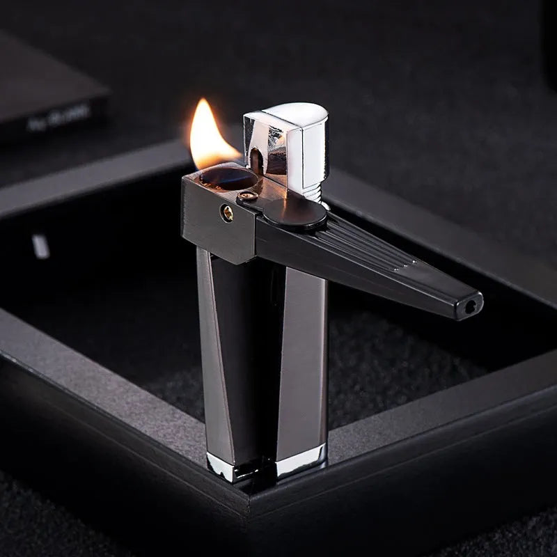 Silver and black foldable metal pipe lighter showing open and closed positions with refillable butane valve