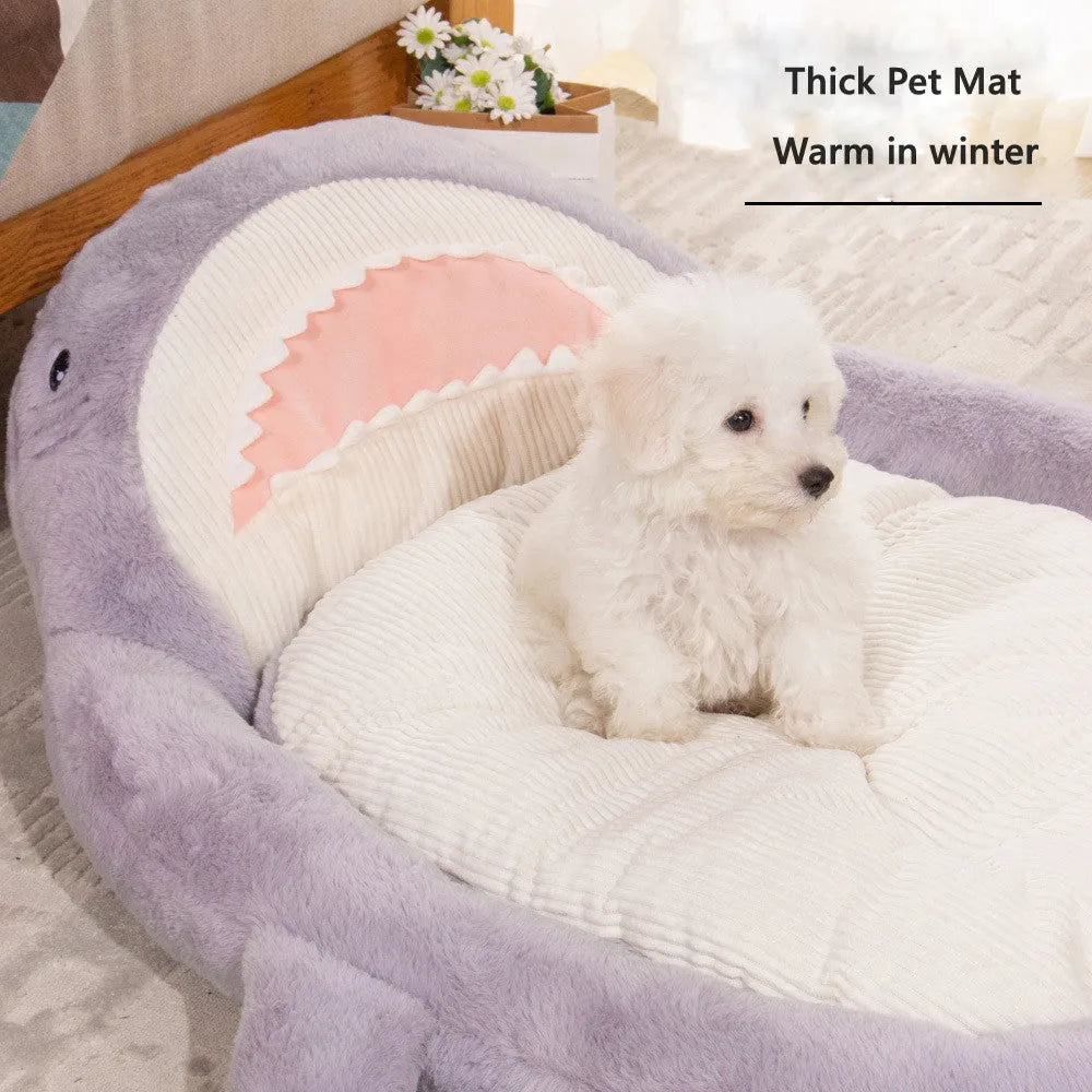 Blue shark pattern pet bed cushion for small medium dogs and cats on a floor