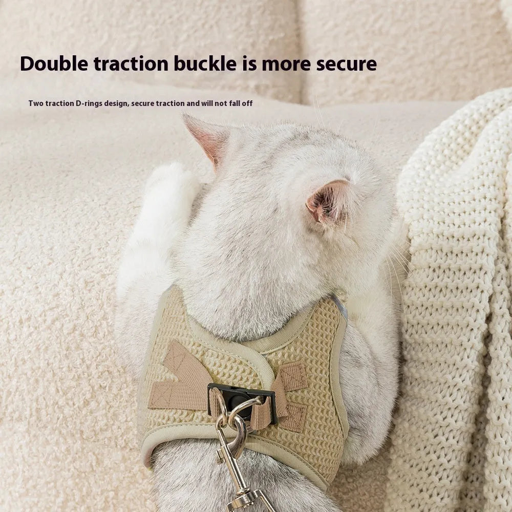 Brown waffle cloth cat harness with chest strap showing leash attachment point