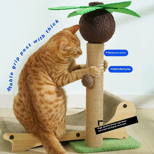 Wooden beach chair style cat nest with integrated scratch board for cats