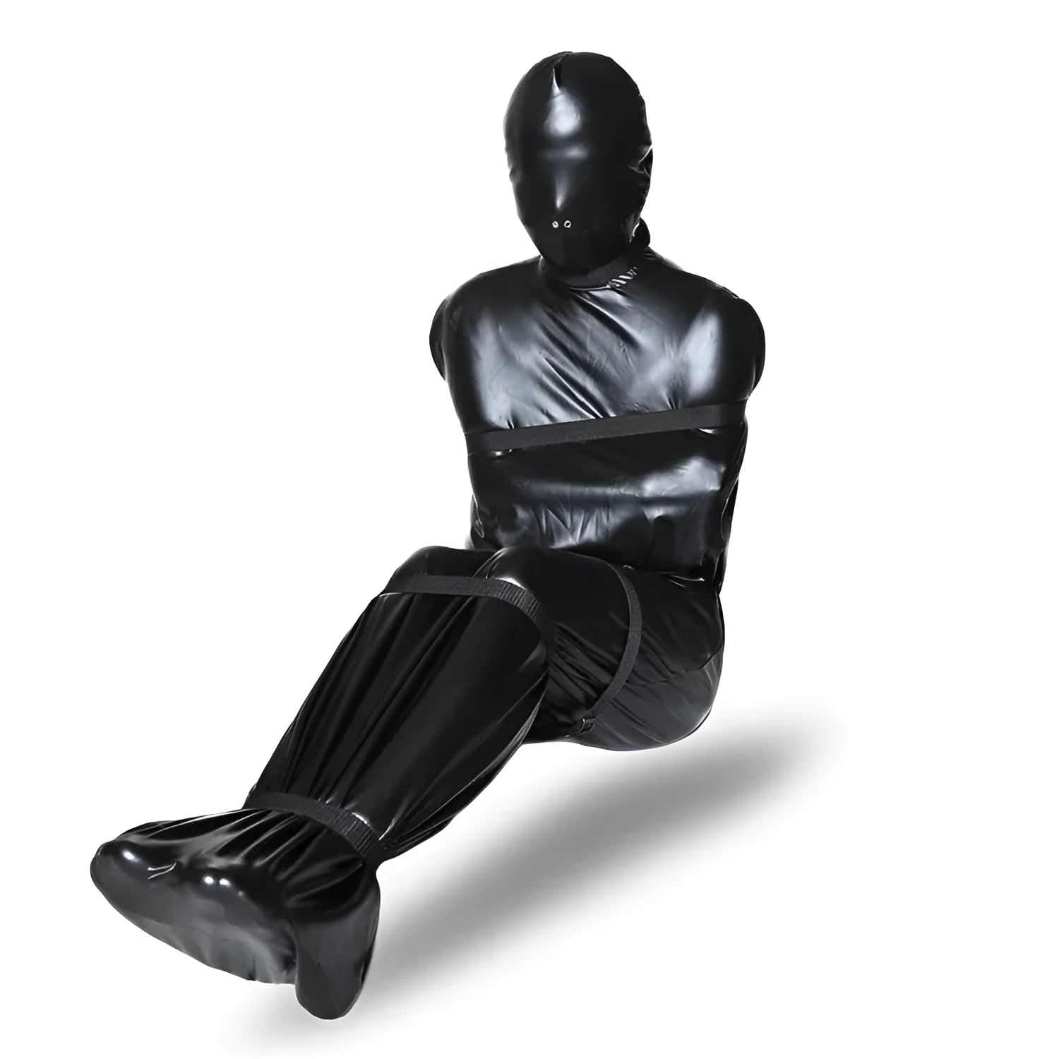 Black patent leather body wrap set with six silver ratchet tie-down straps laid out.