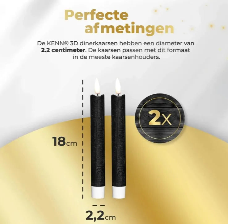 Black S2 3D Flame LED taper candle showing realistic flickering light effect.
