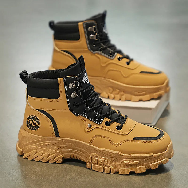 Men's black and yellow Martin work boots with a mid heel and high-top design