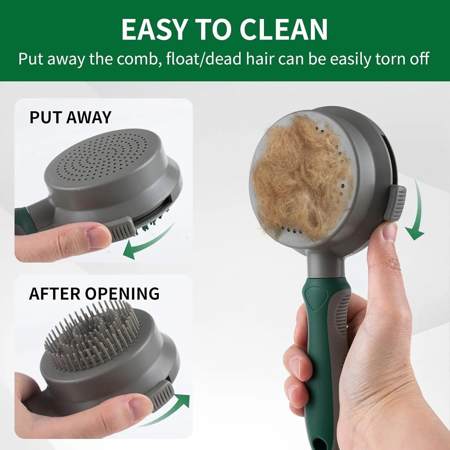 Green and pink dual-sided silicone pet grooming brush with retractable slicker and octopus-toothed massager.