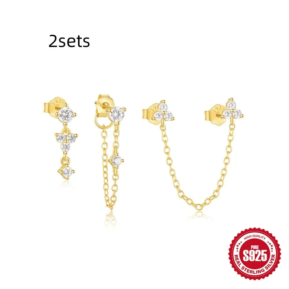 Sterling silver geometric zircon tassel earring set showing multiple gold tone options in stud format