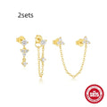 Sterling silver geometric zircon tassel earring set showing multiple gold tone options in stud format