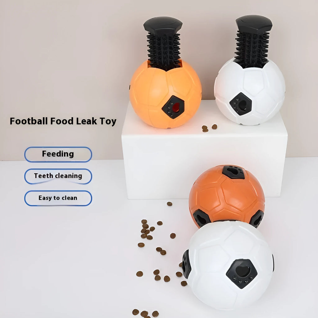 Orange and white TPR dog toy ball for chewing, showing hollow and tooth cleaning stick styles.
