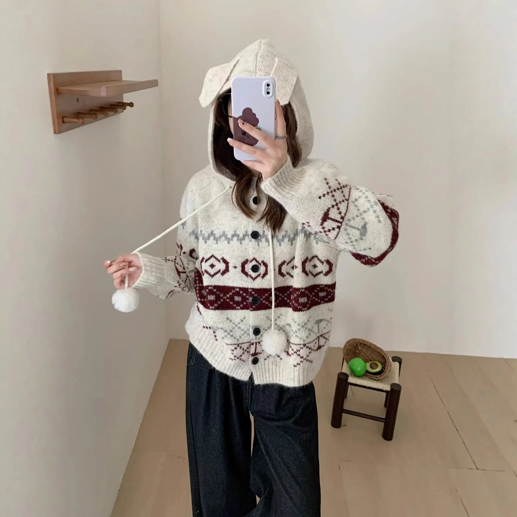 Women's geometric pattern brocade acrylic sweater coat in loose fit free size