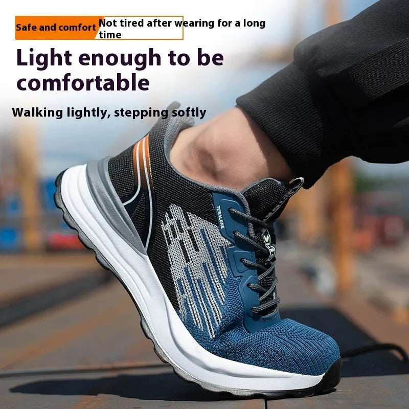 Blue men's low-cut safety work shoes with mesh upper, plastic toe cap, and lace closure.
