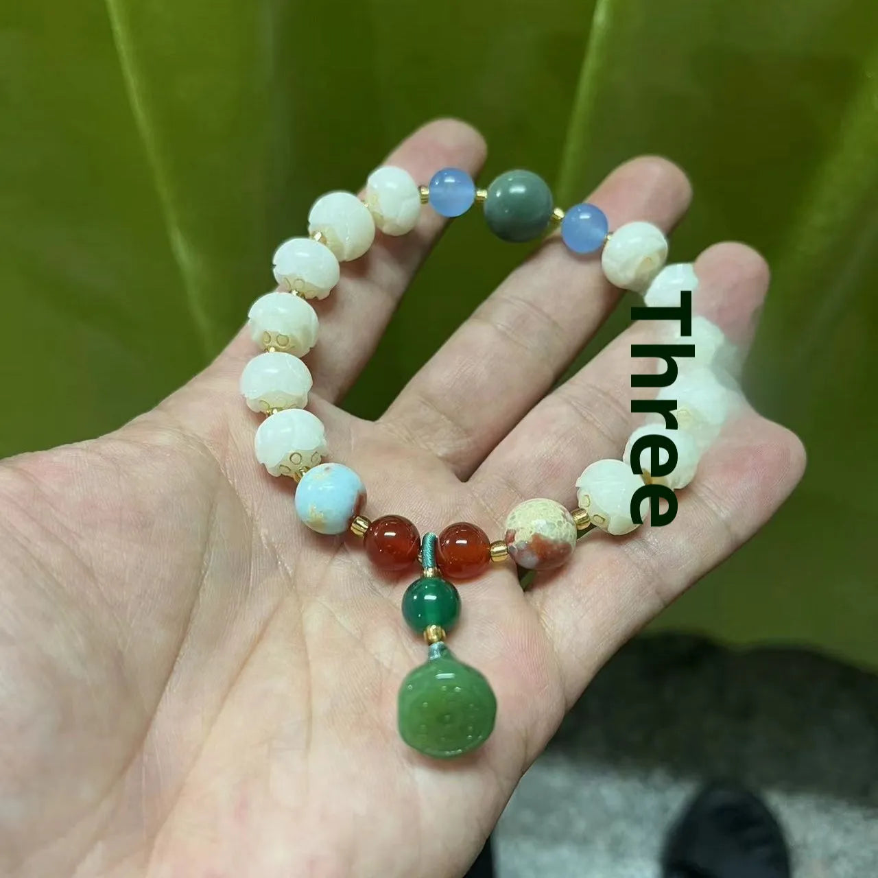Carved bodhi root pumpkin lotus bracelet with white jade beads and mixed sizing
