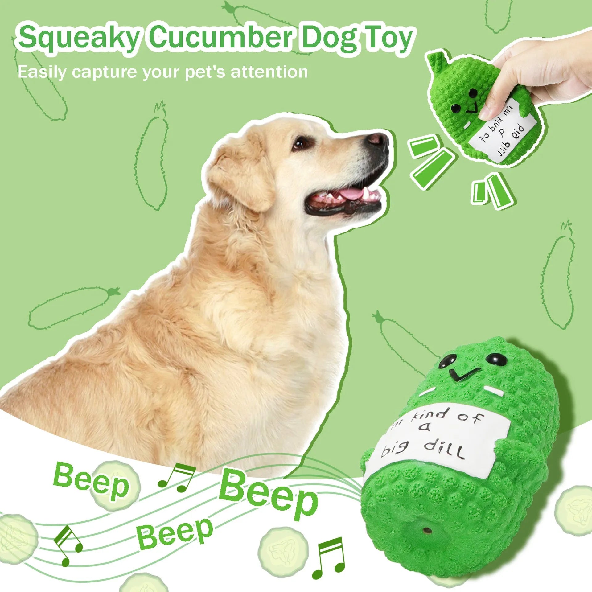 Green latex pickle-shaped dog chew toy with surface nubs and a squeaker inside.