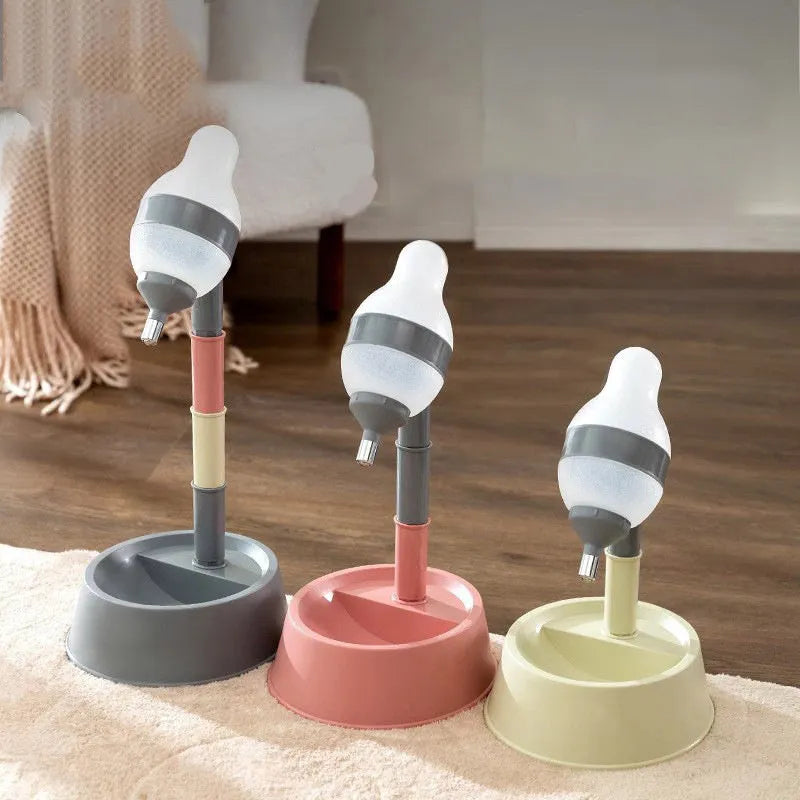 Green height-adjustable standing water dispenser for cats and dogs on a wooden floor.