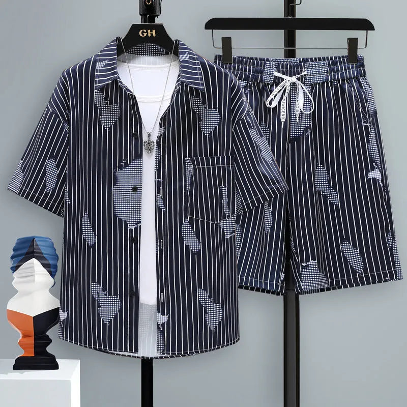 Men's casual sports two-piece set featuring a short sleeve top and matching shorts in a colour swatch.