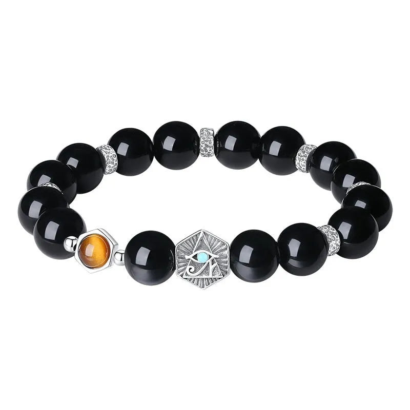 Men's retro geometric S925 silver bracelet with 8mm Tigereye Obsidian God's Eye beads.