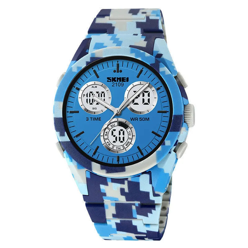 Unisex digital casual watch with camouflage strap and electronic display showing 50m water resistance.
