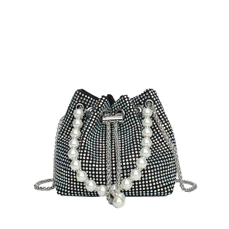 Fashion light diamond shoulder bag in bucket shape with chain strap and multiple pockets