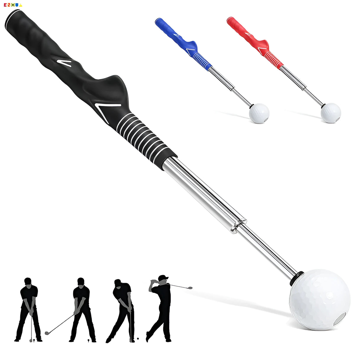Telescopic golf swing practice trainer with stainless steel shaft in black, blue, and red colour options