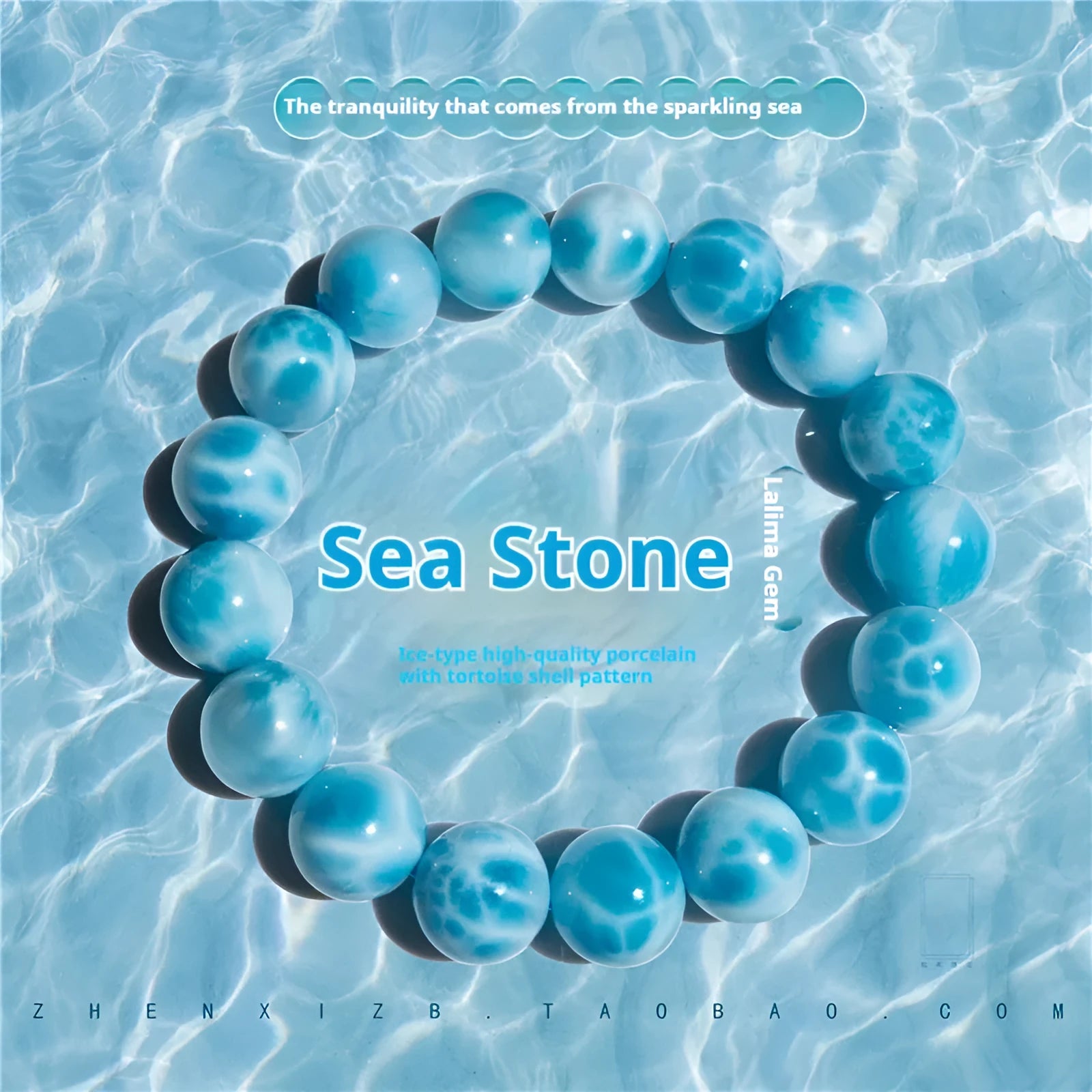 Blue Bodhi bracelet with natural sea-pattern crystal bead and pearl details in Maillard style.