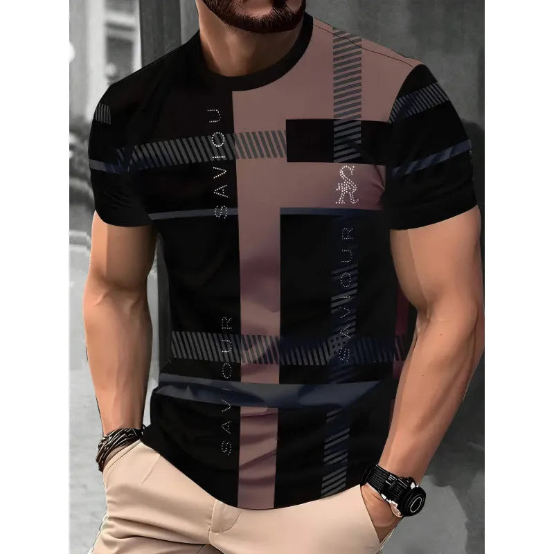 Men's loose fit digital 3D print short sleeve t-shirt in striped pattern