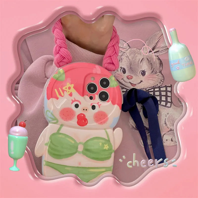 Pink and green silicone iPhone case with cartoon design of a summer swimsuit girl with braids.