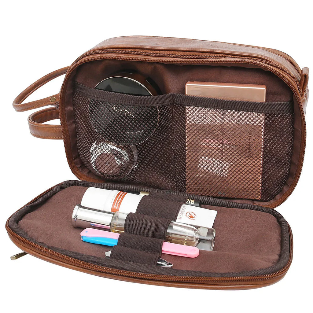 Men's solid colour black PU toiletry bag for travel storage of cosmetics and shaving kits.