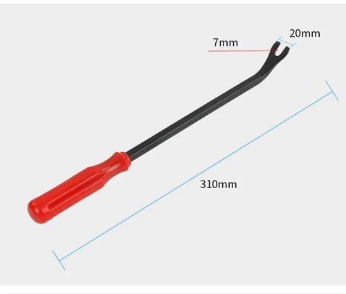 Red-handled steel automotive clip removal tool for General Motors door panels