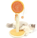 Blue cat scratching post with sisal rope and a hanging yellow ball on a sturdy square base