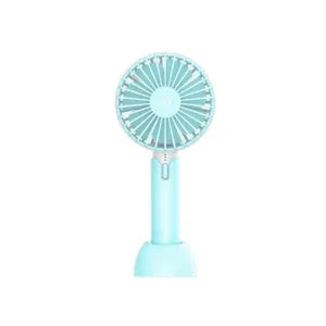 Blue handheld mini USB electric desk fan with oscillating head on a desktop