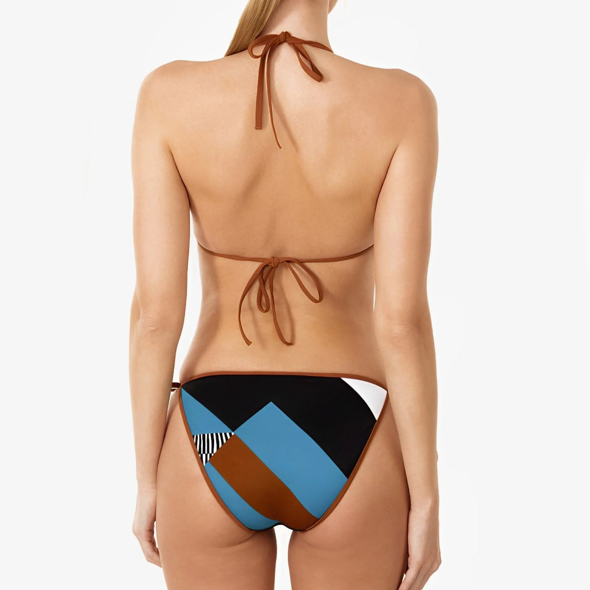 Women's skinny print split bikini swimsuit set in picture colour, showing backless top and pants.