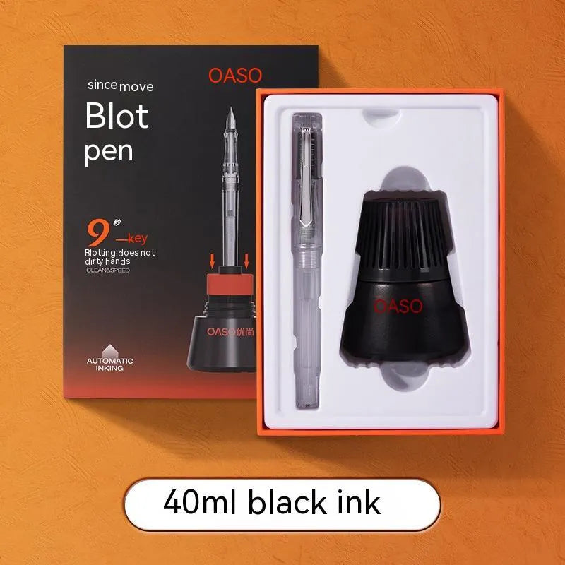 Student automatic suction pen set with 0.5mm and 0.38mm nibs, ink feeder, and handbag on a desk.