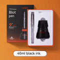 Student automatic suction pen set with 0.5mm and 0.38mm nibs, ink feeder, and handbag on a desk.