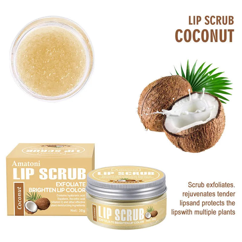 Amatoni fruit flavour lip scrub cream in 30g pot with coconut, raspberry, vanilla or watermelon options