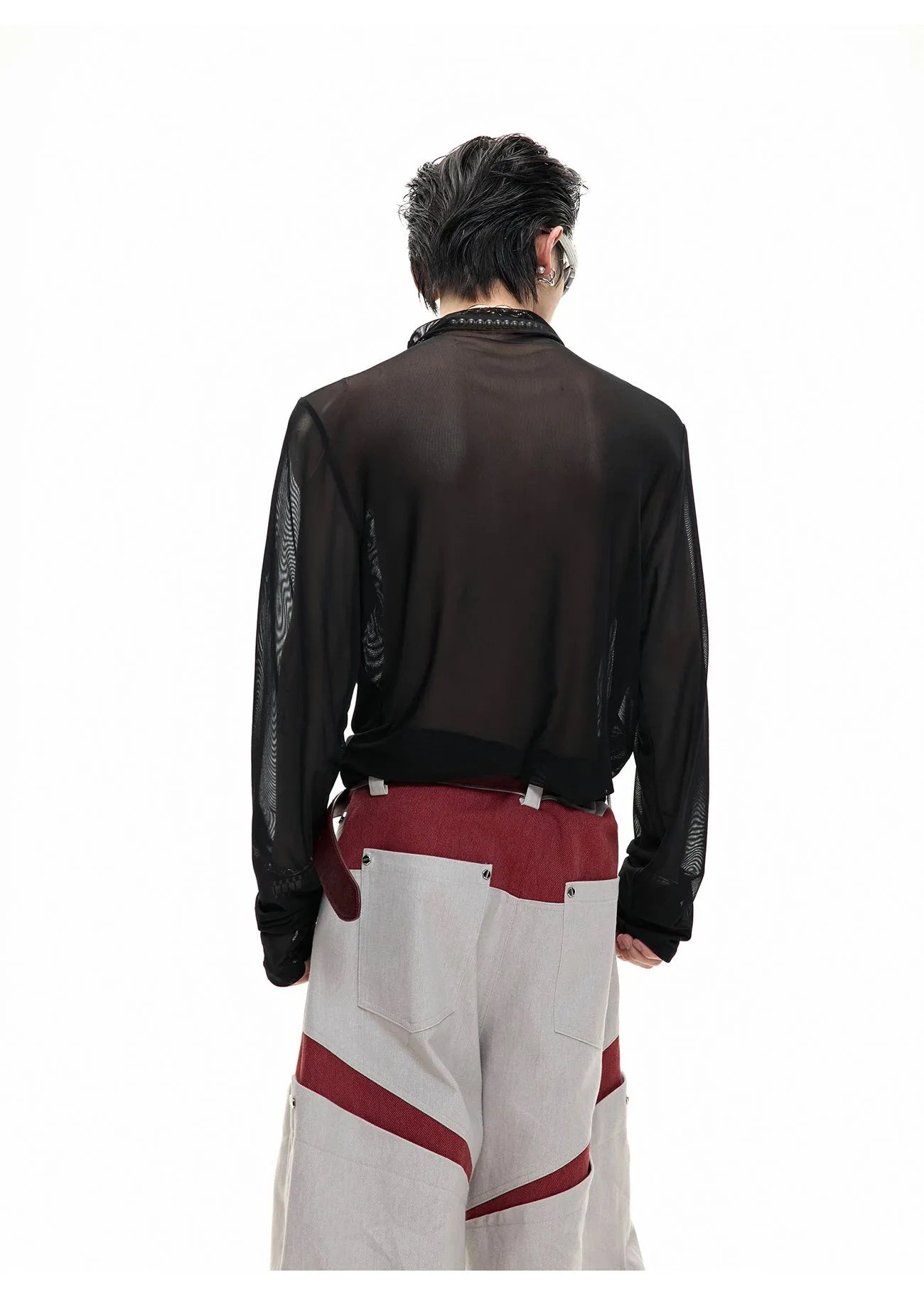 Men's black slim-fit long sleeve mesh shirt, a base layer made from polyester and spandex fabric.