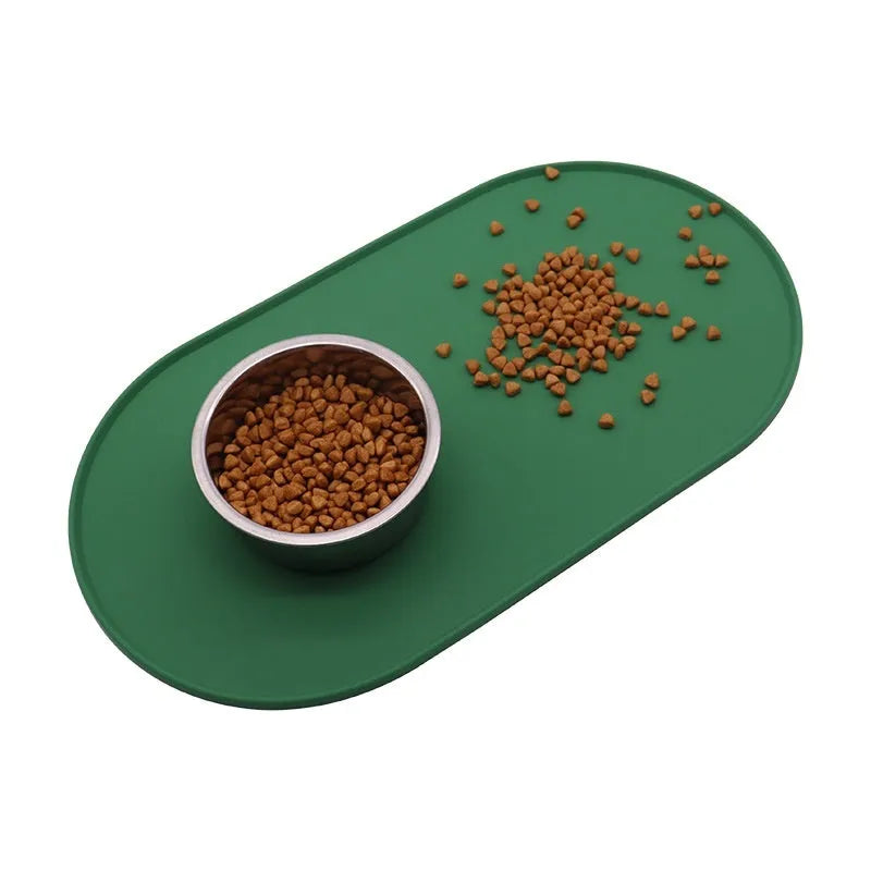 Silicone waterproof placemat for cat food and water bowls in green, beige, black, or purple.