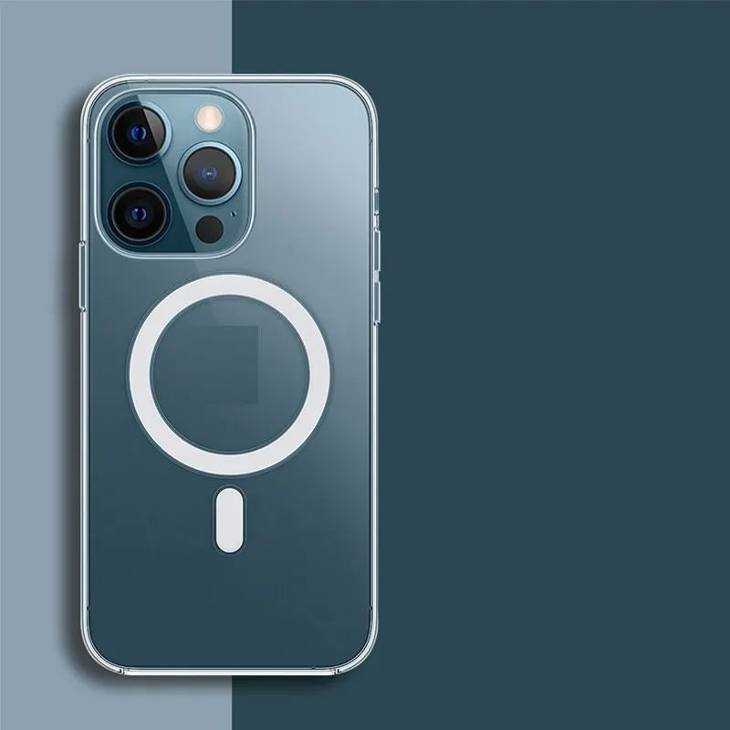 Transparent magnetic back cover case for iPhone on a wireless charging pad