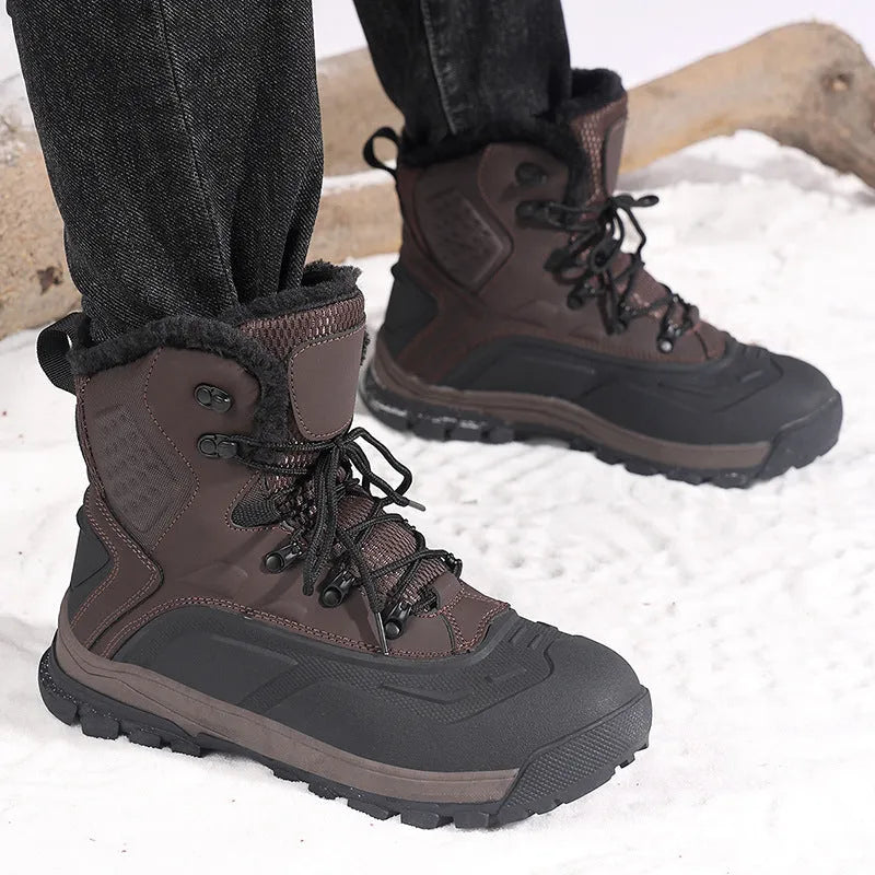 Black fleece-lined men's high-top boots with tall crown and lace-up front