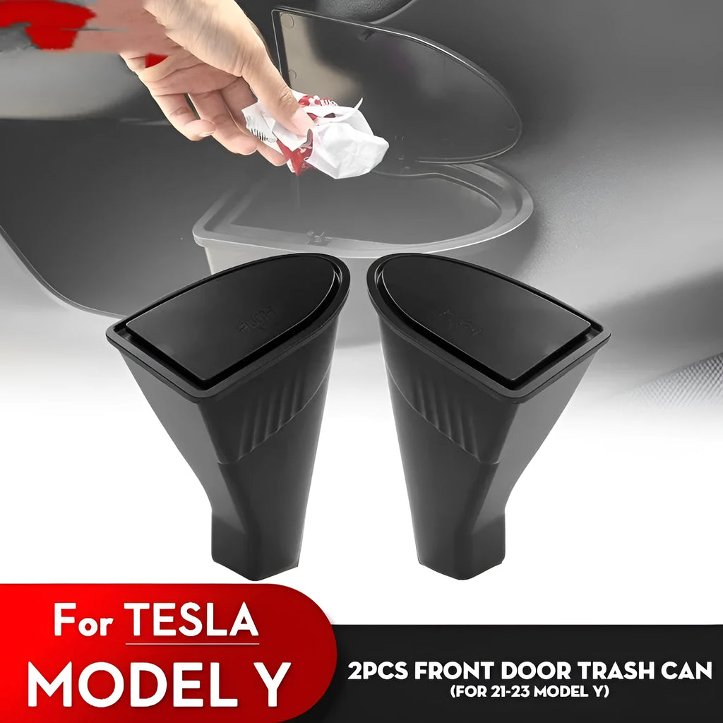 Two black ABS plastic trash cans for Tesla Model Y front door pockets.