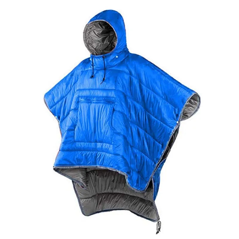 Army green outdoor cloak sleeping bag with wearable design shown in both cloak and sleeping bag configurations