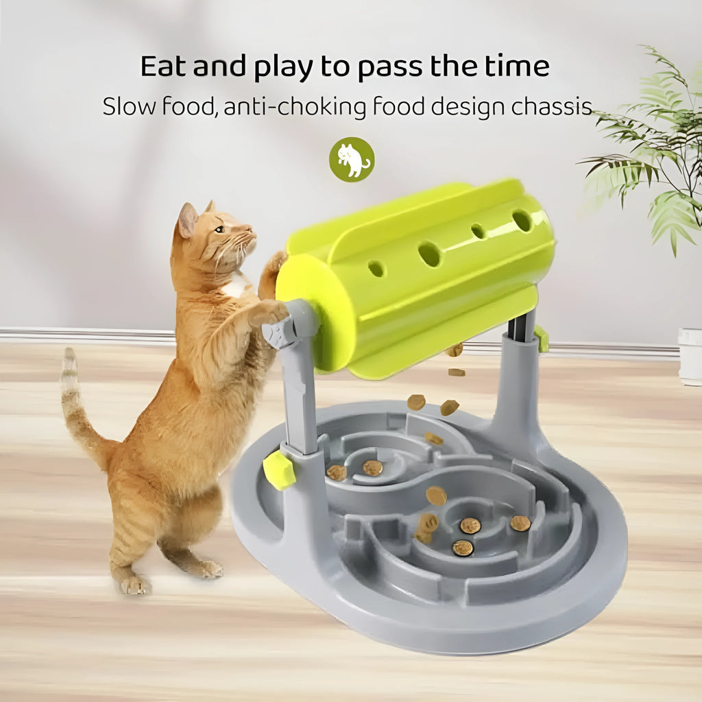 Interactive pet puzzle feeder bowl with adjustable height in blue, green, and pink colour options