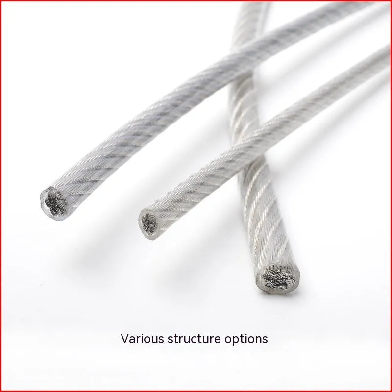 304 stainless steel multi-strand security wire rope on a white background, showing its thin, coated profile.