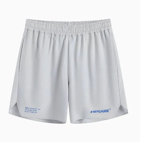 Men's blue training shorts with moisture-wicking fabric on a grey background.