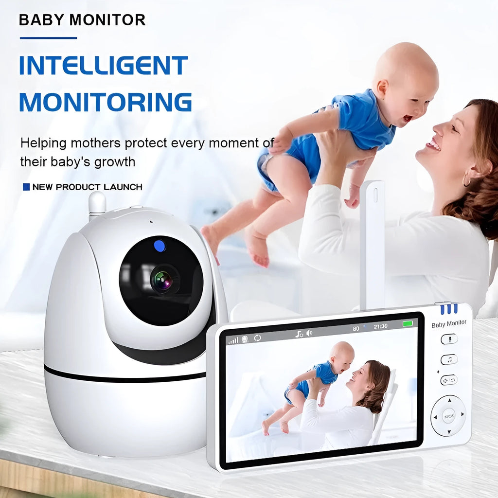 White HD wireless baby monitor with 5-inch screen showing nursery temperature display