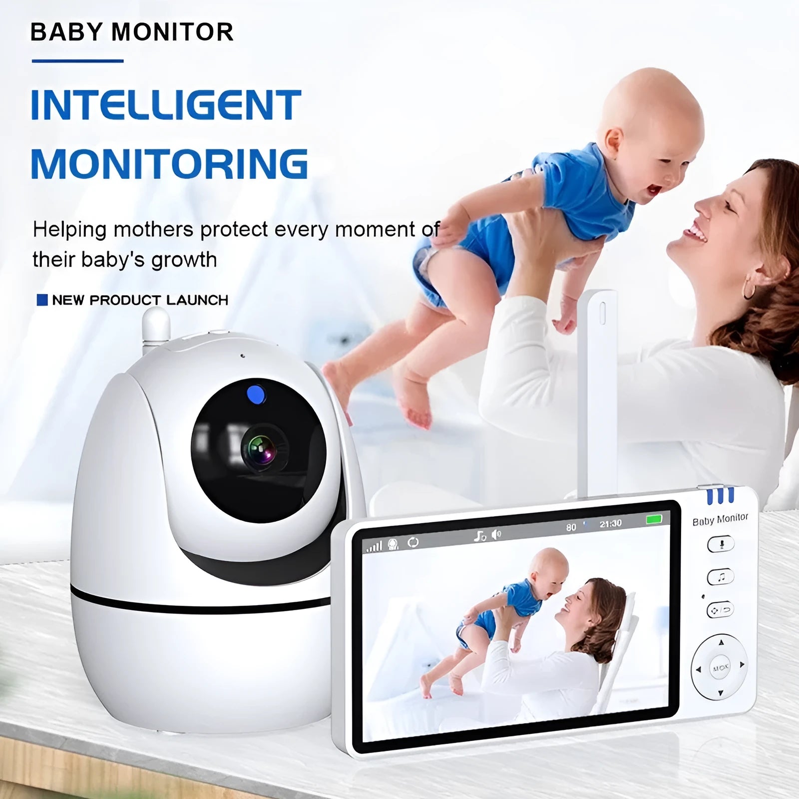 White HD wireless baby monitor with 5-inch screen showing nursery temperature display