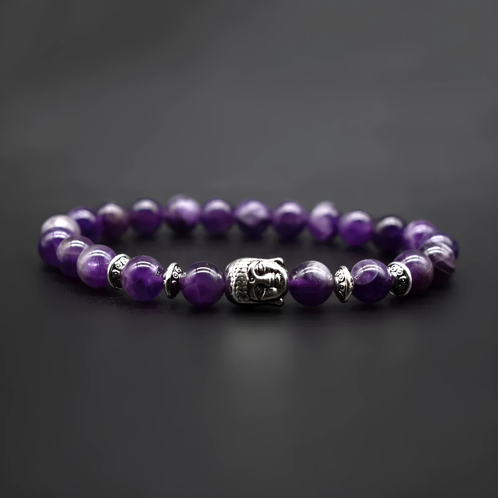 19mm amethyst crystal Buddha head bracelet with tiger eye stone charm on wrist