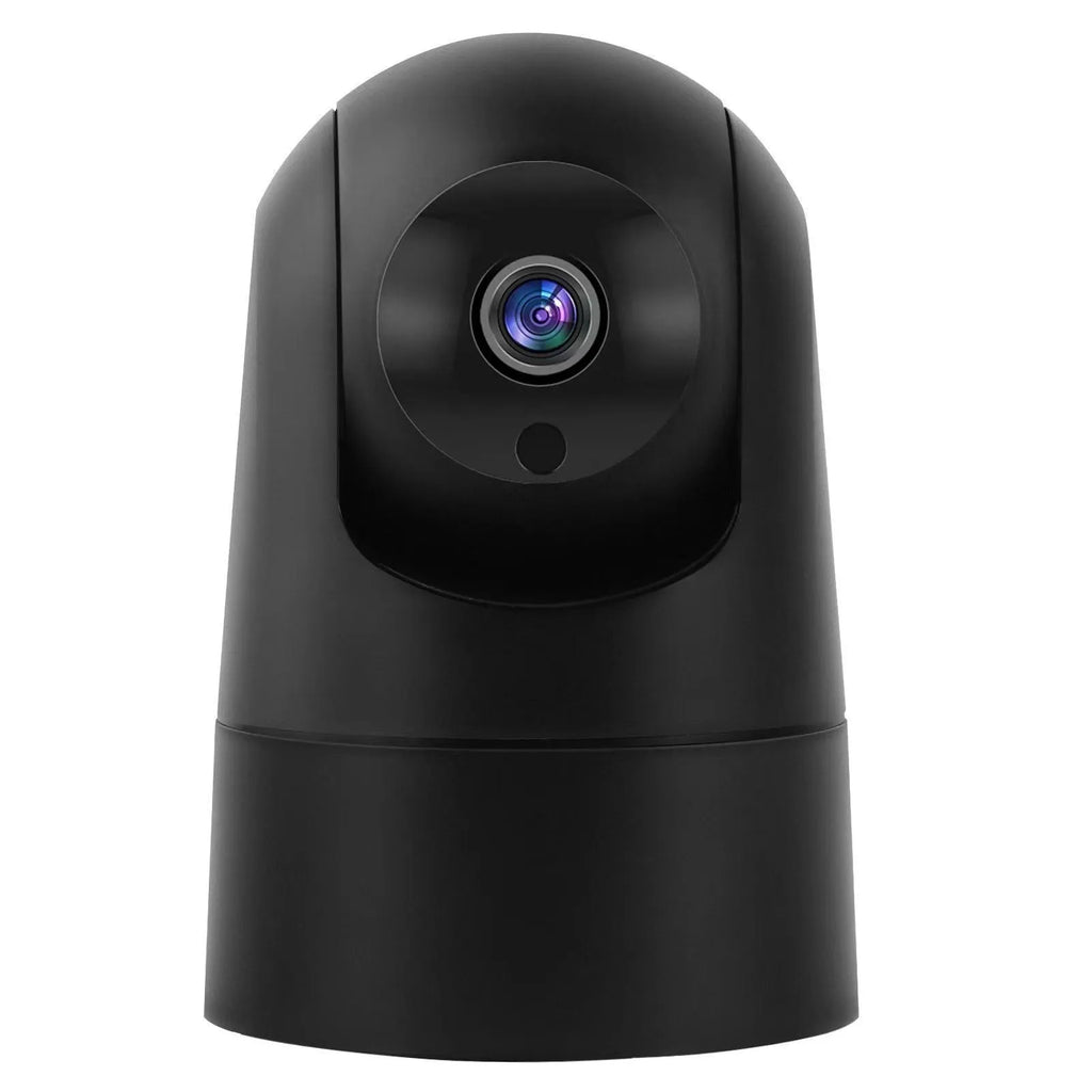 White indoor smart security camera with shake head mechanism and wide-angle lens on mounting base