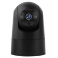 White indoor smart security camera with shake head mechanism and wide-angle lens on mounting base